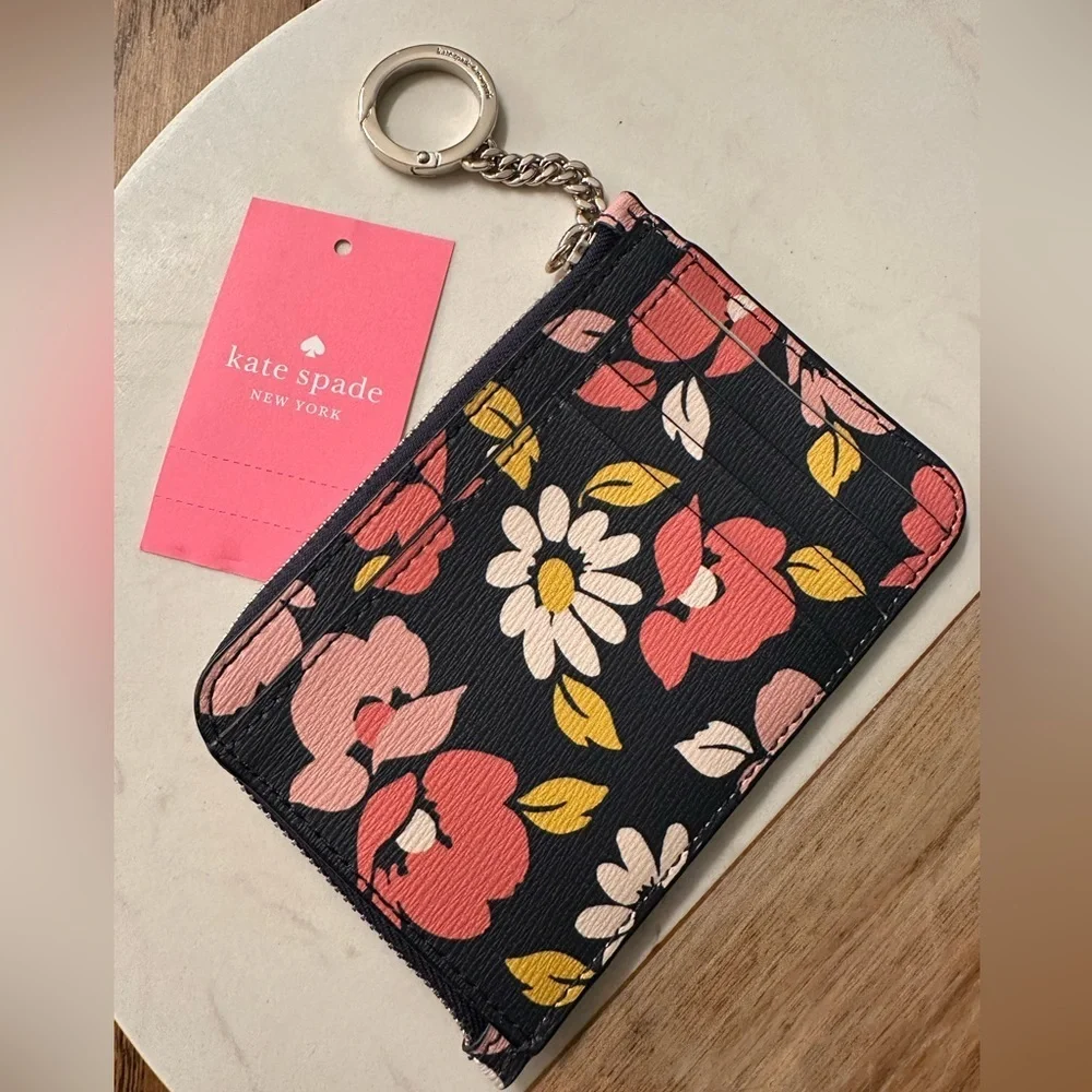NWT! NEW! Kate Spade Black and White Houndstooth L-Zip Key Holder